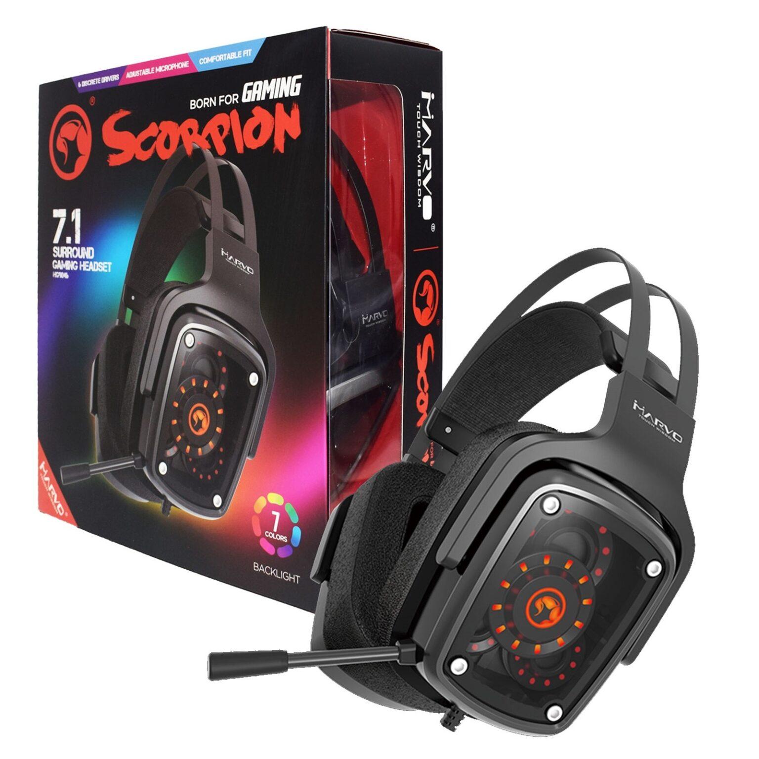 Marvo Scorpion HG9046 Gaming Headset, 7.1 True Surround Sound, LED, Flexible Omnidirectional Mic, 6 Discrete Drivers, Built-in Sound Card, In-line Remote Control, USB powered, Black