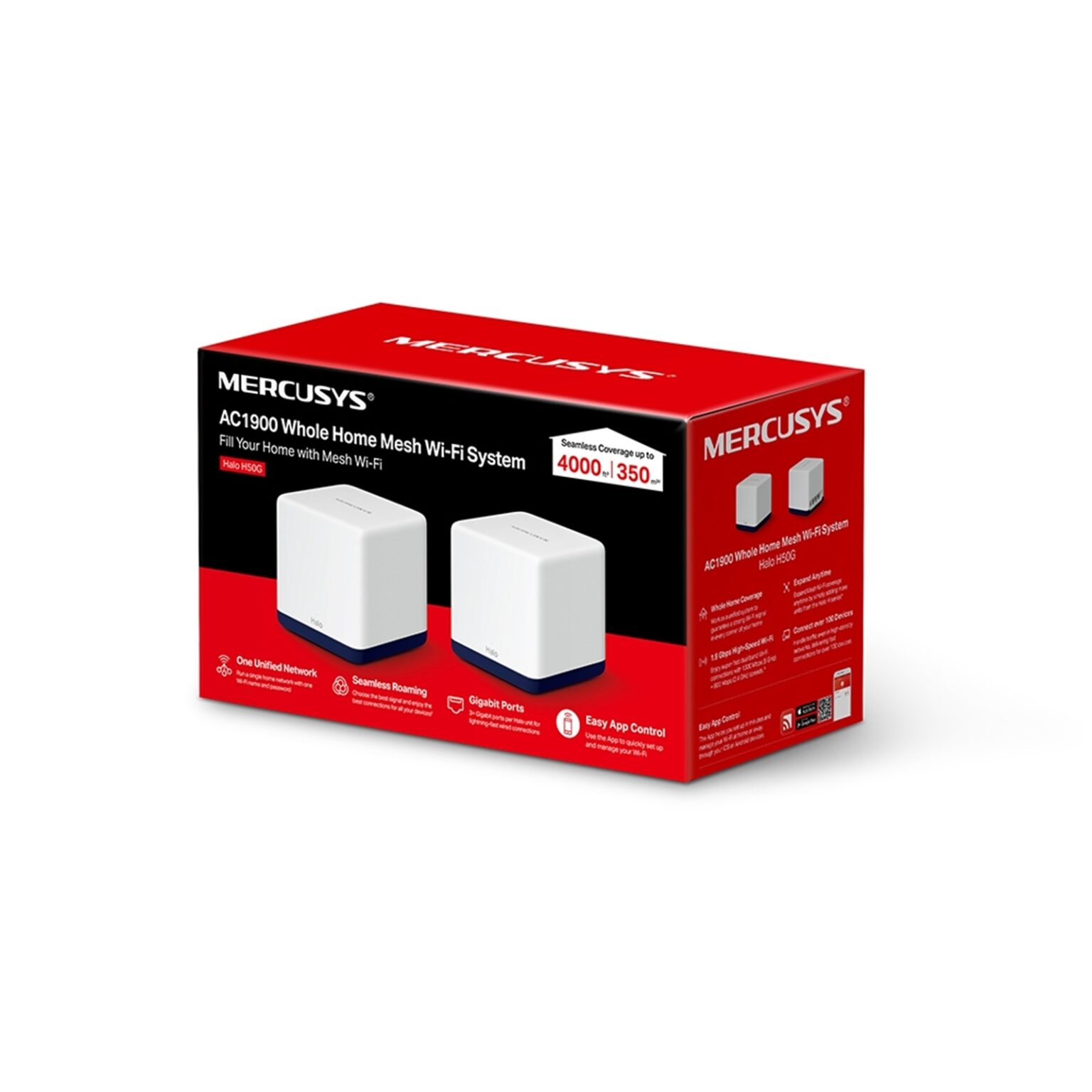 Mercusys Halo H50G (2-pack) AC1900 Whole Home Mesh Wi-Fi System, 600 Mbps at 2.4 GHz + 1300 Mbps at 5 GHz, 3x Internal Antennas, 3x Gigabit Ports per Unit, Halo App, One Unified Network, Seamless Roaming